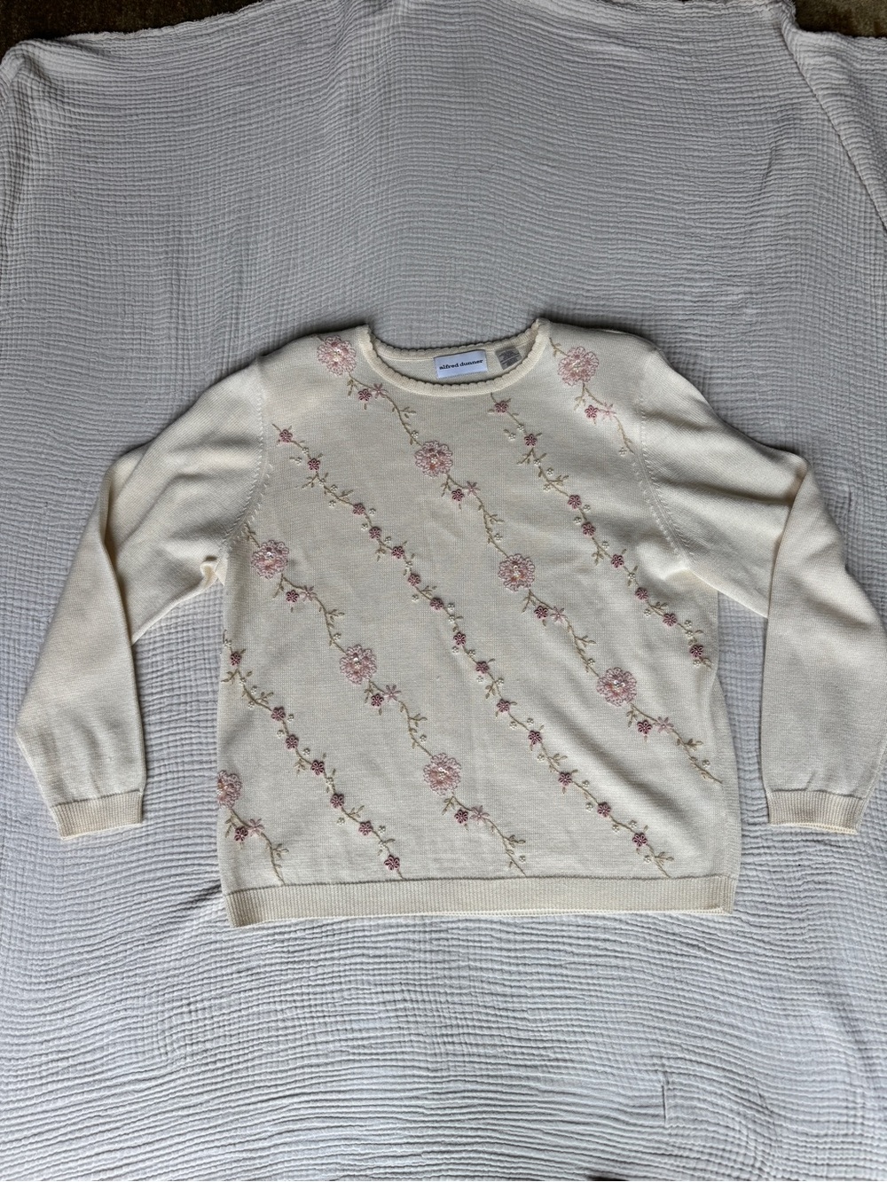 Alfred Dunner Cream Crewneck Sweater with Pink Floral Embroidery